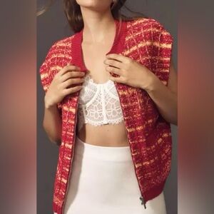 Maeve Tweed Sweater Vest Zip Pockets Orange Pink Tweed Romantic Academia Size M